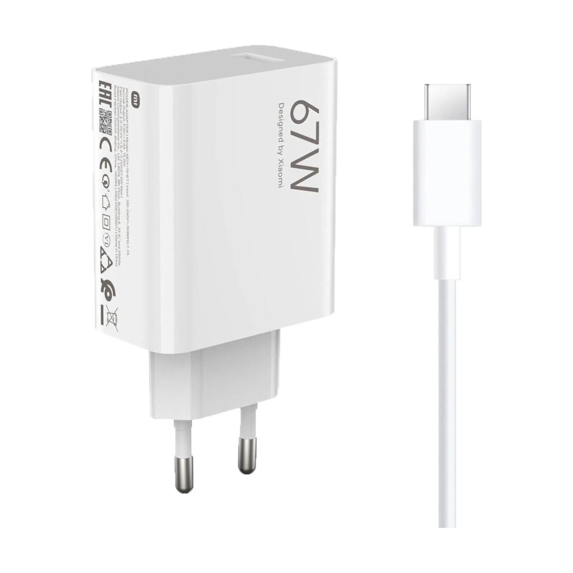 Das Bild zeigt das Xiaomi MDY-12 Ladegerät 67W inkl. Ladekabel USB-C in Weiß aus der Frontansicht. 